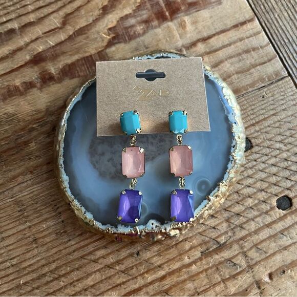 ZAD Statement Crystal Drop Earrings Gold/Teal/Pink/Purple - NWT - Picture 1 of 4